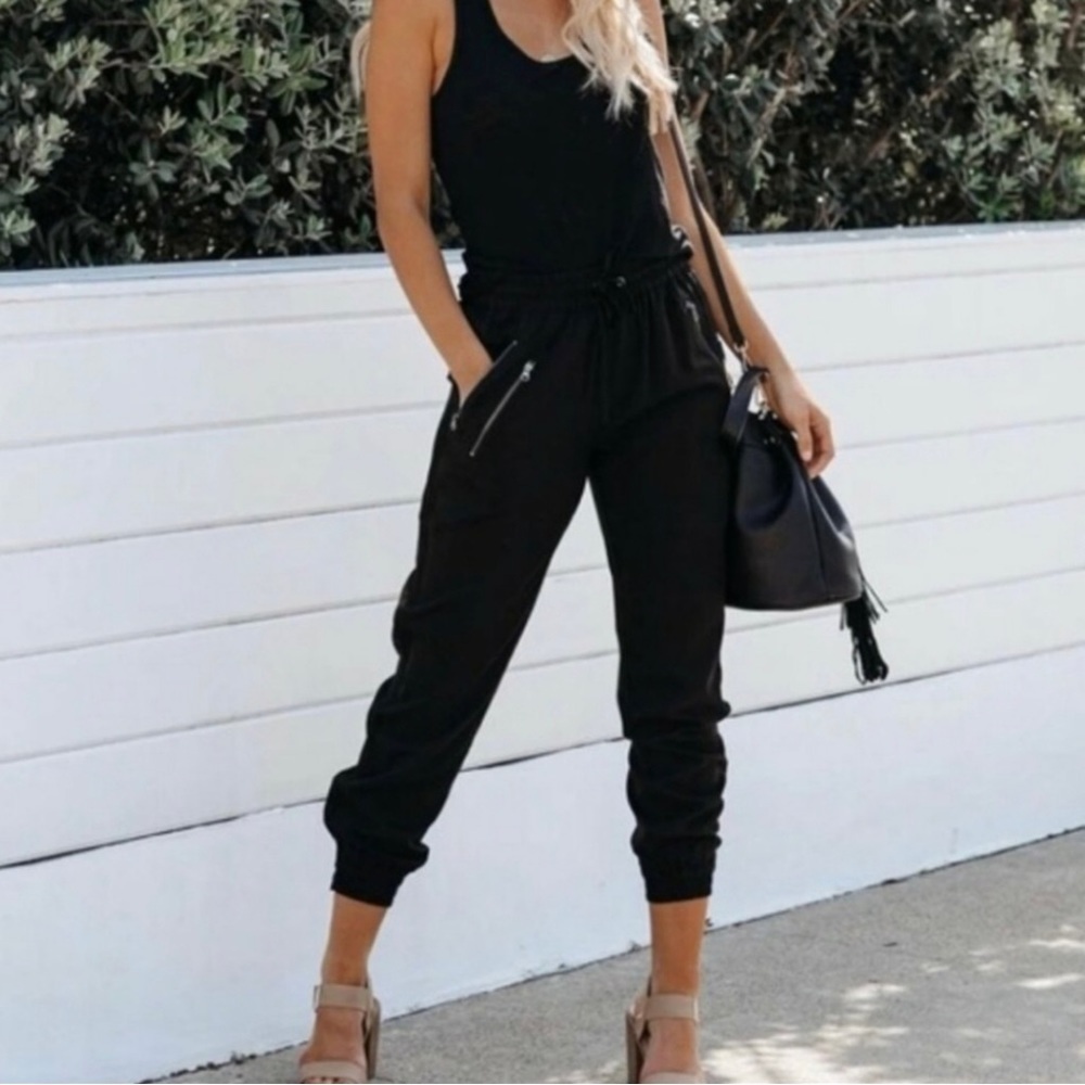 Fate Black Carley Tencel Jogger Pants Duel Zipper Pockets Womens‎